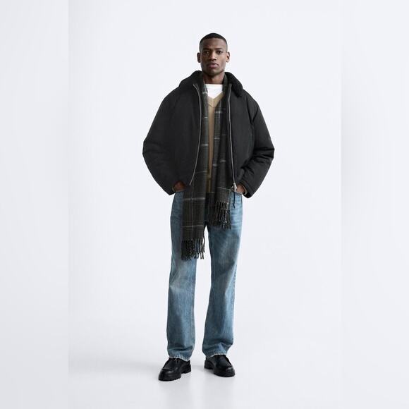 MEN ZARA BLACK MATCHING COLLAR PUFFER JACKET Size Medium - Picture 2 of 13